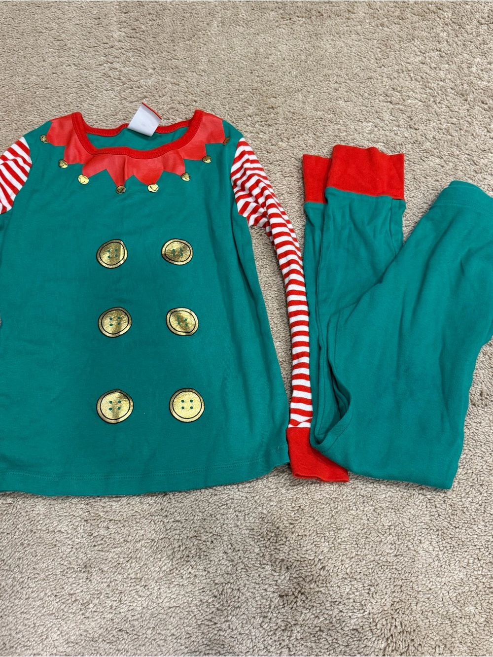 Unisex Green & Red Kids Elf Costume Pajama Set Sz 10